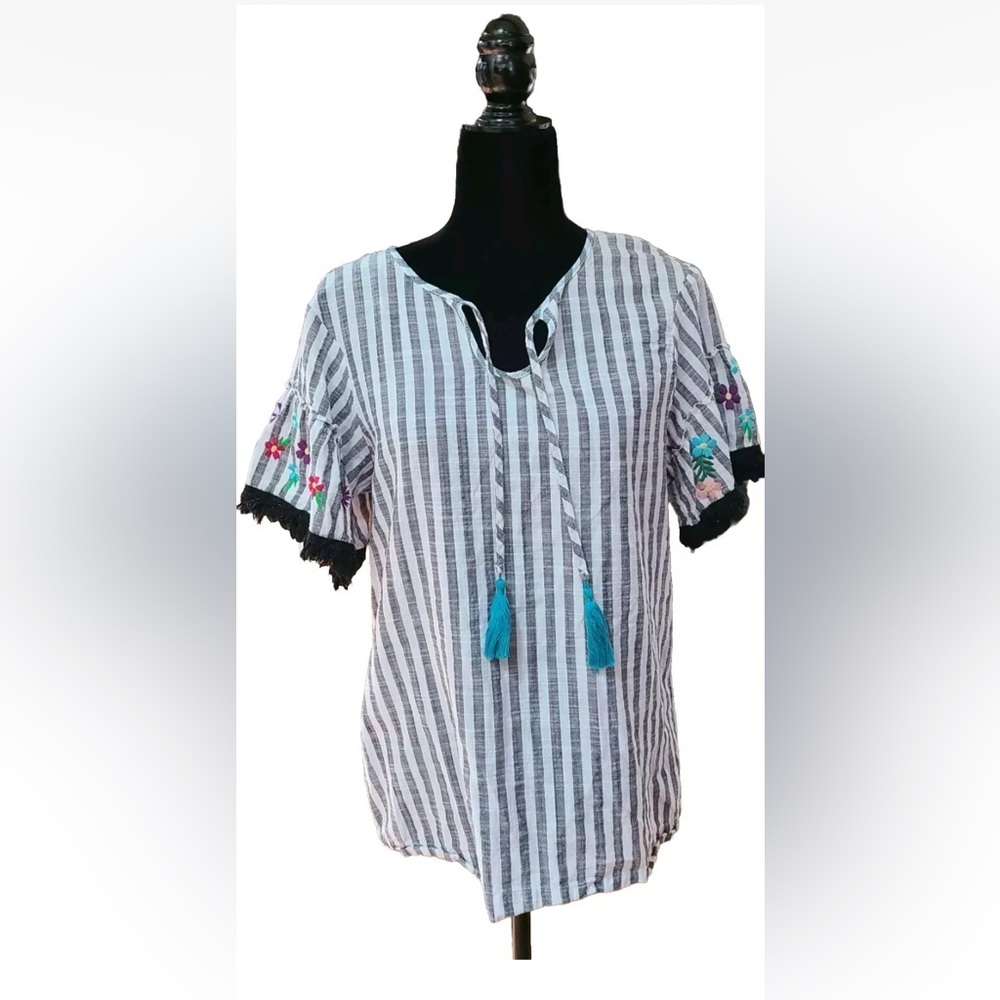 TAKING OFFERS Rafaella Boho Striped Peasant Blouse